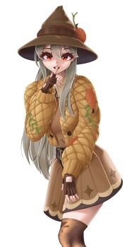 Rule 34 | 1girl, absurdres, brown skirt, finger to mouth, fingerless gloves, fortnite, gloves, hat, highres, jacket, lexa (fortnite), long hair, open mouth, pumpkin, red eyes, skirt, takie arts, thighhighs, white background