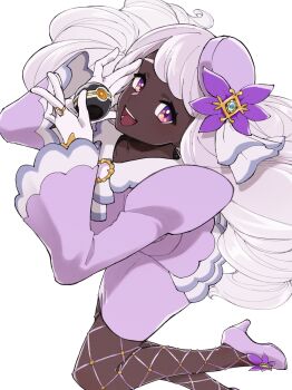 1girl ascot commentary dark-skinned_female dark_skin dress fascinator fishnet_pantyhose fishnets frilled_ascot frills glove_bow gloves gold_ring hair_ornament highres holding holding_poke_ball jacinthe_(pokemon) juliet_sleeves long_hair long_sleeves looking_at_viewer low_drills luxury_ball mega_stone mocollie nintendo open_mouth pantyhose poke_ball pokemon pokemon_legends:_z-a puffy_sleeves purple_dress purple_eyes purple_hair simple_background smile solo symbol-only_commentary teeth very_dark_skin white_background white_gloves