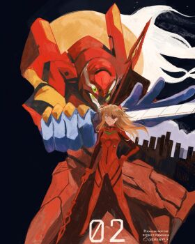 1girl blue_eyes bodysuit closed_mouth commentary eva_02 evangelion:_3.0_you_can_(not)_redo evangelion_(mecha) extra_eyes eyepatch floating_hair full_body green_eyes hairpods hand_on_own_hip holding holding_knife holding_weapon interface_headset_(evangelion) knife long_hair looking_at_viewer mecha mecha_pilot_suit neon_genesis_evangelion one_eye_covered orange_hair orenorenji outstretched_arms plugsuit_(evangelion) prog_knife rebuild_of_evangelion red_bodysuit robot souryuu_asuka_langley standing super_robot weapon