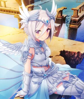 1girl ahoge armor armored_skirt blue_gemstone blue_skirt blush bracer breastplate breasts cleavage_cutout closed_mouth clothing_cutout day dot_nose eyes_visible_through_hair game_cg gem greaves grey_hair hair_between_eyes hair_ornament itomi_sayaka looking_at_viewer medium_breasts midriff official_art outdoors pillar purple_eyes railing ruins short_hair skirt smile solo third-party_source toji_no_miko toji_no_miko:_kizamishi_issen_no_tomoshibi valkyrie water waterfall wing_hair_ornament