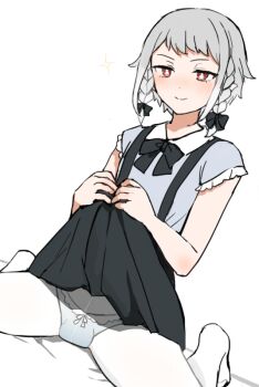 1boy bed_sheet black_bow black_bowtie black_skirt blue_panties blue_shirt blush bow bow_panties bowtie braid bright_pupils bulge closed_mouth clothes_lift collar collared_shirt commentary_request crossdressing crossdressing_(mtf) dot_nose dutch_angle elf_boy_(sunaba_(nczd5875)) frilled_sleeves frills full_body grey_hair hair_bow looking_at_viewer male_focus multiple_hair_bows original panties pantyhose partial_commentary pointy_ears red_eyes shirt short_sleeves side_braids sidelocks skirt skirt_lift smile solo sparkle sunaba_(nczd5875) suspender_skirt suspenders trap underwear war white_background white_collar white_pantyhose white_pupils