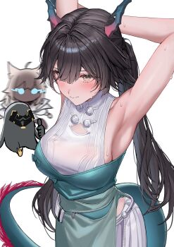 1other 2girls absurdres animal_ears animalization arknights arknights:_endfield arms_up bare_arms bare_shoulders bird_ears bird_girl black_hair blue_eyes blue_horns blue_tail blush breasts chen_qianyu_(arknights) closed_mouth commentary cowboy_shot dragon_girl dragon_horns dragon_tail eastern_dragon_horns eastern_dragon_tail endministrator_(arknights) eye_mask highres horns large_breasts long_hair looking_at_viewer mask molyb multiple_girls off_shoulder perlica_(arknights) red_horns red_tail sideboob simple_background smile standing sweat symbol-only_commentary tail thumbs_up twintails white_background