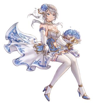 1girl artist_request beads blue_dress blue_eyes blue_flower blue_trim boots bouquet breasts bridal_veil bride cleavage clothing_cutout commentary commentary_request detached_sleeves dress elbow_gloves english_commentary floating_clothes floating_hair flower full_body gloves gold_trim grey_hair hair_bun headdress high-low_dress high_heel_boots high_heels highres holding holding_bouquet invisible_chair king&#039;s_raid knees_together_feet_apart korean_commentary long_hair medium_breasts mixed-language_commentary multicolored_dress navel_cutout official_alternate_costume official_art reaching reaching_towards_viewer scarlet_(king&#039;s_raid) second-party_source see-through_clothes see-through_veil simple_background sitting smile solo thigh_boots thighhighs veil wedding_dress white_background white_boots white_dress white_gloves white_sleeves white_thighhighs white_veil