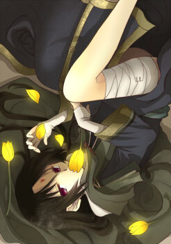 1boy bandaged_leg bandages bishounen black_hair commentary_request facial_mark fire_emblem fire_emblem:_path_of_radiance flower forehead_mark long_hair looking_at_viewer lying male_focus nintendo on_side petals red_eyes solo soren_(fire_emblem) tomatoba tulip yellow_flower yellow_tulip
