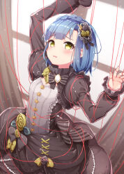 Rule 34 | 1girl, against window, arched back, arm above head, back bow, black bow, black bowtie, black dress, blue hair, blunt bangs, blush, bow, bowtie, braid, breasts, cleavage, collar, commentary request, curtains, dress, entangled, flower, french braid, frilled collar, frilled dress, frilled sleeves, frills, furrowed brow, gothic lolita, hair ornament, hair ornament request, hand up, idolmaster, idolmaster million live!, idolmaster million live! theater days, indoors, juliet sleeves, kuresuku (lessons), lolita fashion, long sleeves, looking at viewer, looking to the side, nanao yuriko, parted bangs, parted lips, puffy sleeves, raised eyebrows, short hair, sidelocks, small breasts, solo, string, string around finger, string of fate, striped bow, thick eyelashes, three quarter view, window, yellow bow, yellow bowtie, yellow eyes, yellow flower