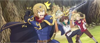 Rule 34 | 3boys, ^^^, armor, bandaged arm, bandages, belt, belt buckle, black cloak, black gloves, black pants, blonde hair, blue armor, blue eyes, boots, brown belt, brown boots, brown hair, brown pants, buckle, cape, choker, choppy bangs, circlet, cloak, collarbone, dust (konosuba), evil grin, evil smile, game cg, gloves, gold circlet, green cape, green eyes, grin, hair between eyes, highres, holding, holding sword, holding weapon, jacket, kono subarashii sekai ni shukufuku wo!, konosuba! fantastic days, leg up, long sleeves, mitsurugi kyouya, multiple boys, official art, open mouth, outdoors, pants, red jacket, satou kazuma, shirt, short hair, short sleeves, sidelocks, smile, standing, standing on one leg, sword, theft, v-shaped eyebrows, weapon, white shirt