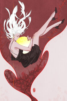 1girl absurdres black_dress black_shoes chinese_commentary closed_eyes commentary_request diffraction_spikes dress floating floating_hair from_side full_body full_moon high_heels highres holding_moon long_hair mia_yang moon original profile pumps seal_impression shoes solo spaghetti_strap sparkle_earrings stiletto_heels white_hair