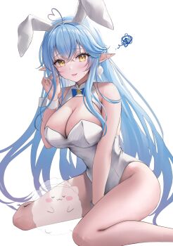 1girl ahoge alt_text animal_ear_hairband animal_ears bare_shoulders blue_hair blue_nails blush breasts cleavage commentary_request fake_animal_ears fingernails hair_between_eyes hairband hand_up heart heart_ahoge highres hololive large_breasts leotard long_hair looking_at_viewer mirukurim nail_polish parted_lips pointy_ears rabbit_ears simple_background sitting solo squiggle strapless strapless_leotard very_long_hair virtual_youtuber wariza white_background white_hairband white_leotard white_wrist_cuffs wrist_cuffs yellow_eyes yukihana_lamy yukimin_(yukihana_lamy)