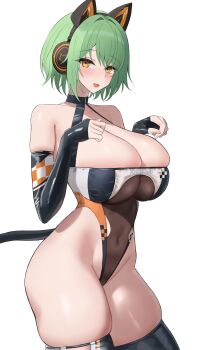 1girl absurdres admiral_nakhimov_(azur_lane) admiral_nakhimov_(cheerleading_mechanic?)_(azur_lane) animal_ear_headphones animal_ears azur_lane blush breasts cat_ears elbow_gloves fake_animal_ears fingerless_gloves gloves green_hair headphones highleg highleg_leotard highres huge_breasts leotard looking_at_viewer official_alternate_costume race_queen rk_(cc15915r) short_hair sitting thighhighs thighs yellow_eyes