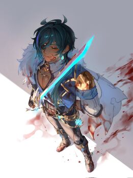 1boy :q blood blood_on_clothes blood_on_ground blue_hair closed_eyes closed_mouth commentary_request eyepatch from_above full_body genshin_impact hair_between_eyes highres holding holding_weapon invisible_floor kaeya_(genshin_impact) long_hair male_focus pectoral_cleavage pectorals solo tongue tongue_out weapon weapon_request zehuij