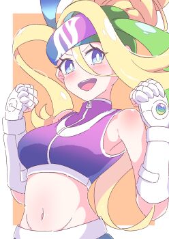 Rule 34 | 1girl, absurdres, bare shoulders, blonde hair, blue eyes, blush, breasts, bright pupils, clenched hands, commentary request, crop top, elbow gloves, eyelashes, fingerless gloves, gloves, green headband, headband, highres, korrina (pokemon), long hair, midriff, navel, nintendo, open mouth, pokemon, pokemon legends: z-a, purple headband, purple shirt, shirt, sleeveless, sleeveless shirt, smile, solo, teeth, upper body, upper teeth only, v-shaped eyebrows, white gloves, white pupils, yuki nagisaa, zipper