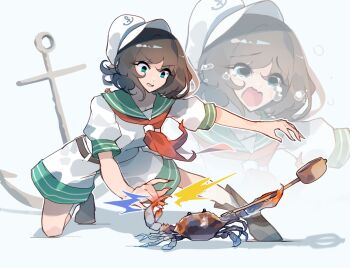 1girl anchor anchor_hat_ornament belt boots brown_belt brown_boots brown_hair clenched_teeth collar crab different_zoom_layer floating_hair green_collar green_eyes green_trim hat hat_ornament highres hishaku holding holding_ladle kaliningradg ladle medium_hair murasa_minamitsu neckerchief open_mouth pain parted_bangs parted_lips pinching puffy_short_sleeves puffy_sleeves raised_inner_eyebrows red_neckerchief sailor sailor_collar shirt short_sleeves shorts simple_background socks squatting tearing_up teeth touhou v-shaped_eyebrows white_background white_hat white_shirt white_shorts zoom_layer