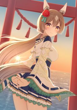 Rule 34 | 1girl, animal ears, arms behind back, blue hakama, blunt sidelocks, blush, breasts, brown eyes, brown hair, closed mouth, commentary request, double-parted bangs, ear covers, flower, frilled kimono, frills, hair between eyes, hair flower, hair ornament, hakama, highres, horse ears, horse girl, horse tail, japanese clothes, kimono, kurumi lm, large breasts, long hair, long sleeves, looking at viewer, low ponytail, multicolored hair, multicolored kimono, official alternate costume, official alternate hairstyle, outdoors, ponytail, satono diamond (floral star prosperous green) (umamusume), satono diamond (umamusume), sidelocks, smile, solo, streaked hair, stretching, tail, torii, umamusume, water, white kimono, wide sleeves