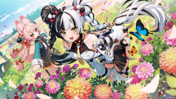 2girls ahoge animal_ear_fluff animal_ear_piercing animal_ears animal_feet anklet aqua_nails bare_shoulders bent_over black_hair blue_butterfly braid braided_twintails bright_pupils bug butterfly china_dress chinese_clothes collarbone commentary_request detached_sleeves dialyn_(zenless_zone_zero) dress falling_petals flower furry furry_female grass green_shirt guest_art hair_extensions hair_ornament hairclip highres insect jewelry long_hair looking_at_viewer michi_(iawei) multicolored_hair multicolored_nails multiple_girls necktie open_mouth orange_flower outdoors panda_hair_ornament petals pink_flower pink_fur pink_hair purple_flower rabbit_ears rabbit_girl rabbit_tail red_eyes red_nails ring_hair_extensions screw shirt short_eyebrows sparkling_eyes split-color_hair tail thick_eyebrows thighhighs white_dress white_hair white_pupils white_thighhighs yellow_eyes yellow_necktie zenless_zone_zero zhao_(zenless_zone_zero)