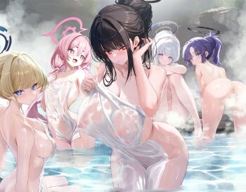 5girls absurdres alternate_hairstyle ass back bent_over black_hair blonde_hair blue_archive blue_eyes blue_halo breasts cleavage commentary completely_nude convenient_censoring hair_between_eyes hair_bun hair_intakes halo hanging_breasts high_ponytail highres huge_breasts koyuki_(blue_archive) leaning_forward long_hair looking_at_viewer looking_back looking_to_the_side low_twintails medium_breasts multiple_girls naked_towel nipples noa_(blue_archive) noa_(skae3323) nude onsen outdoors partially_submerged pink_hair pink_halo ponytail purple_eyes purple_hair red_eyes revision ringed_eyes rio_(blue_archive) see-through_towel seminar_(blue_archive) sideboob sidelocks sitting small_breasts steam steam_censor thighs toki_(blue_archive) towel towel_on_head twintails very_long_hair water wet wet_towel yuuka_(blue_archive)