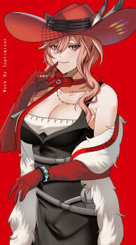 1girl absurdres animal_ears arknights bare_shoulders belt black_dress blue_eyes breasts cat_ears cleavage commentary dress ears_through_headwear elbow_gloves feather_boa finger_to_mouth gloves grey_belt hair_between_eyes hand_up heidi_(arknights) highres infection_monitor_(arknights) io_troublemaker large_breasts long_hair looking_at_viewer pink_hair red_gloves red_headwear revision simple_background sleeveless sleeveless_dress smile solo upper_body