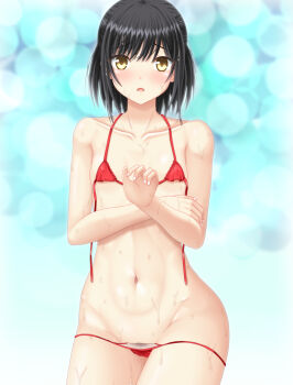 1girl black_hair blush brown_eyes collarbone fatal_frame fatal_frame_1 hinasaki_miku looking_at_viewer navel open_mouth short_hair solo swimsuit taira_shihito wet
