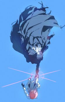 Rule 34 | 1boy, 1girl, absurdres, black cloak, black gloves, cloak, command spell, eden one1, edmond dantes (fate), falling, fate/grand order, fate (series), fedora, fujimaru ritsuka (female), fujimaru ritsuka (female) (decisive battle chaldea uniform), gloves, grabbing another's hand, green cloak, grey hair, hat, highres, jacket, orange hair, short hair, wavy hair, white hair, white jacket