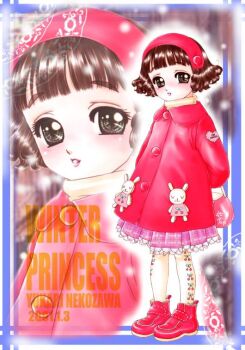 1girl arms_behind_back artist_name bad_id bag black_eyes blunt_bangs boots brown_hair child coat dated frilled_skirt frills full_body hairband holding holding_bag nekozawa_yukari original pantyhose parted_lips pink_bag pink_boots pink_coat pink_hairband pink_skirt pleated_skirt rabbit_ornament short_hair sippo-soft skirt smile snowing solo standing turtleneck white_pantyhose winter_clothes zoom_layer