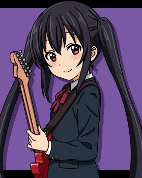 Rule 34 | 1girl, black hair, brown eyes, closed mouth, dot nose, feet out of frame, female focus, guitar, hair between eyes, happy, holding, holding guitar, holding instrument, instrument, jacket, k-on!, long hair, long sleeves, looking at viewer, mustang (guitar), nakano azusa, ribbon, sakuragaoka high school uniform, school uniform, shirt, smile, solo, standing, szko shiahina, twintails, white shirt