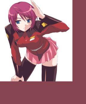 1girl animated animated_gif bent_over black_thighhighs blue_eyes breasts commentary_request gundam gundam_seed gundam_seed_destiny long_sleeves lunamaria_hawke medium_breasts miniskirt pink_skirt purple_hair short_hair skirt smile solo thighhighs winking_(animated) yoi_(yoihome) zaft_uniform zettai_ryouiki