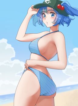 1girl :o ass beach bikini bikini_pull blue_eyes blue_hair blue_sky bogyaku_no_m breasts butt_crack clothes_pull cloud hair_between_eyes hand_on_headwear hat highres kawashiro_nitori looking_to_the_side medium_breasts medium_hair ocean open_mouth sideboob sky striped_bikini striped_clothes swimsuit thighs touhou two_side_up