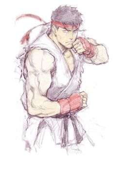 Rule 34 | 1boy, absurdres, black hair, commentary request, dougi, fighting stance, fingerless gloves, gloves, headband, highres, iwamoto tatsurou, karate gi, male focus, martial arts belt, muscular, muscular male, padded gloves, red gloves, red headband, ryu (street fighter), short hair, street fighter, torn clothes, torn sleeves