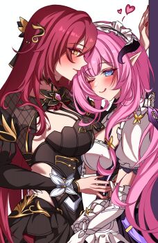 2girls absurdres apron black_dress black_horns blue_eyes blush breasts commentary dress eden_(honkai_impact) elf elysia_(honkai_impact) elysia_(miss_pink)_(honkai_impact) elysia_(miss_pink_elf)_(honkai_impact) elysium1nyou english_commentary fake_horns heart highres honkai_(series) honkai_impact_3rd horns large_breasts licking_lips maid maid_apron maid_headdress multiple_girls official_alternate_costume pink_hair pointy_ears puffy_short_sleeves puffy_sleeves purple_hair short_sleeves smile tongue tongue_out yellow_eyes yuri