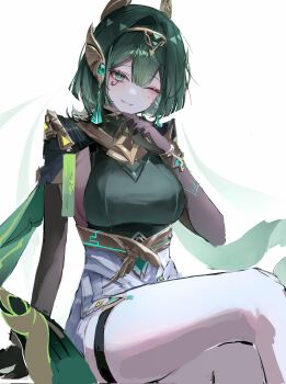 1girl 8x9_1t absurdres black_gloves breasts claws crossed_legs genshin_impact gloves green_eyes green_hair green_shirt hair_between_eyes hairband highres large_breasts looking_at_viewer mark_under_eye medium_hair nefer_(genshin_impact) one_eye_closed parted_lips shirt sideboob simple_background sitting skirt smile solo thigh_strap white_background white_skirt