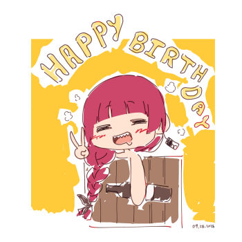 1girl =_= absurdres bocchi_the_rock! bottle braid closed_eyes commentary happy_birthday highres hiroi_kikuri holding holding_bottle long_hair open_mouth purple_hair rnna sharp_teeth single_braid sketch solo teeth v