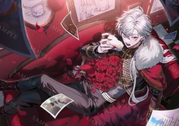 1boy absurdres black_pants blurry bouquet cake cake_slice couch depth_of_field fangs fingernails flower food hair_between_eyes highres hiyon_(hahaha_5945) kuzuha_(2nd_costume)_(nijisanji) kuzuha_(nijisanji) long_hair looking_at_viewer male_focus nail_polish nijisanji official_alternate_costume official_art on_couch open_mouth pants petals pointy_ears red_eyes red_flower red_nails red_rose rose rose_petals sample_watermark sharp_fingernails sitting_sideways solo virtual_youtuber watermark white_hair