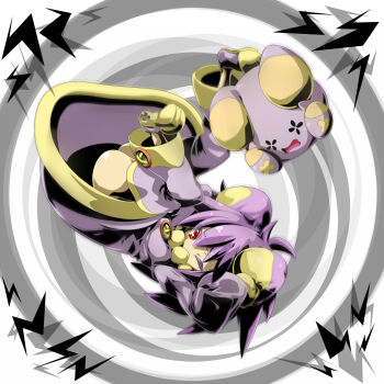 creature_and_personification dress gen_3_pokemon grey_background highres long_sleeves looking_at_viewer nintendo one_eye_closed open_mouth personification pokemon pokemon_(creature) purple_dress purple_hair red_eyes shimaumayamada shoes sleeves_past_wrists whismur yellow_shoes