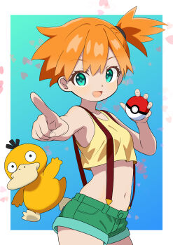 1girl :d absurdres border commentary_request cropped_shirt eyelashes gen_1_pokemon green_eyes green_shorts highres holding holding_poke_ball looking_at_viewer misty_(pokemon) navel nintendo open_mouth orange_hair outside_border pointing poke_ball poke_ball_(basic) pokemon pokemon_(anime) pokemon_(classic_anime) pokemon_(creature) psyduck shirt short_shorts shorts sleeveless sleeveless_shirt smile soramame_(mvfn8342) suspenders white_border yellow_shirt