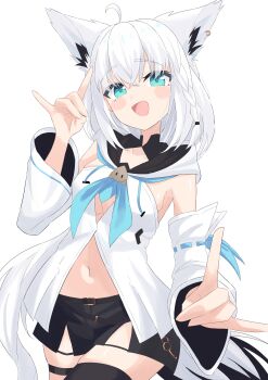 Rule 34 | 1girl, absurdres, ahoge, animal ear fluff, animal ear piercing, animal ears, aqua eyes, aqua neckerchief, aqua trim, black shorts, blush, breasts, collarbone, commentary request, detached sleeves, double fox shadow puppet, fox ears, fox girl, fox shadow puppet, front slit, hair between eyes, highres, hololive, long sleeves, medium breasts, navel, neckerchief, open mouth, shirakami fubuki, shirakami fubuki (1st costume), shirt, short shorts, shorts, smile, solo, stomach, teeth, u kome, upper body, v, virtual youtuber, white shirt, wide sleeves