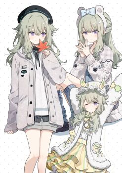 1girl animal_ear_hairband animal_ears arm_behind_head arms_up bear_ear_hairband bear_ears beret black_hat black_shirt black_shoes blue_socks blush bow bowtie cafe_mocha_bear_(project_sekai) center_frills closed_mouth coat collarbone collared_shirt facing_viewer fake_animal_ears fallin&#039;_fluff_(project_sekai) feet_out_of_frame frills fur-trimmed_coat fur_trim green_bow green_bowtie green_hair grey_coat grey_shorts hair_between_eyes hair_flaps hair_over_shoulder hairband hat high-waist_skirt high_collar highres hood hood_down hooded_coat horned_hat kneehighs kusanagi_nene leaf long_hair long_sidelocks long_sleeves looking_at_viewer loose_socks low-tied_sidelocks low_twintails maple_leaf migolu multiple_views official_alternate_color official_alternate_costume one_eye_closed open_clothes open_coat plaid_clothes plaid_collar ponytail project_sekai puffy_shorts purple_eyes shirt shoes short_shorts shorts shorts_under_skirt sidelocks sideways_glance simple_background skirt sleeves_past_fingers sleeves_past_wrists socks steepled_fingers stretching striped_clothes striped_shirt sweater swept_bangs twintails twitter_username vertical-striped_clothes vertical-striped_shirt watermark white_background white_coat white_hat white_sweater yellow_skirt yume_kuitei_paa_(project_sekai) zzz