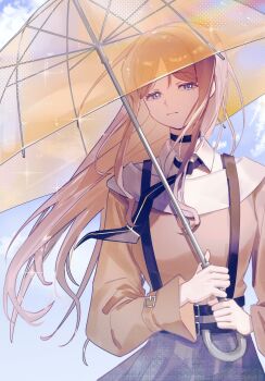 1girl bang_dream! bang_dream!_it&#039;s_mygo!!!!! black_choker black_necktie blue_eyes brown_hair brown_sweater chinese_commentary choker closed_mouth commentary_request grey_skirt highres holding holding_umbrella long_hair looking_at_viewer mitsuketa_keshiki_tazusaete nagasaki_soyo necktie partial_commentary sasagawa_yuki sidelocks skirt solo suspenders sweater umbrella yellow_umbrella