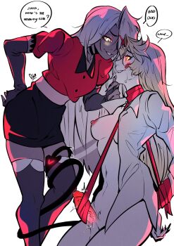 Rule 34 | 2girls, absurdres, arms behind back, blonde hair, bound, bound arms, charlie morningstar, circle facial mark, colored sclera, colored skin, commentary, demon girl, facial mark, femdom, futa with female, futanari, hand on own hip, hazbin hotel, hellaverse, highres, long hair, multiple girls, open clothes, open shirt, pink sclera, raccoon 404, ribbon, ribbon bondage, skirt, smile, untranslatable commentary, tail, tail wrap, thighhighs, vaggie, very long hair, white skin, yellow sclera