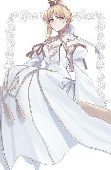 1girl 710_ao absurdres ahoge artoria_pendragon_(fate) blonde_hair blush breasts crown detached_sleeves dress fate/grand_order fate_(series) green_eyes highres looking_at_viewer lord_logres_(fate) lord_logres_(second_ascension)_(fate) medium_breasts short_hair smile solo white_dress
