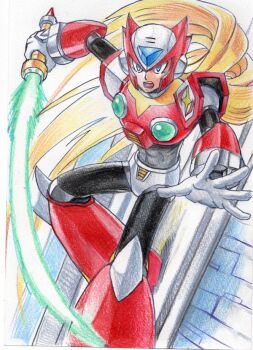 1boy armor blonde_hair blue_eyes chest_jewel energy_sword forehead_jewel full_body helmet hijiriiyaa krita_(medium) long_hair mega_man_(series) mega_man_x_(series) red_armor red_helmet solo sword traditional_media weapon z_saber zero_(mega_man)