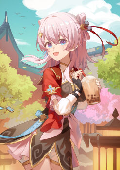 1girl architecture bell belt black_dress black_gloves bloomers blue_belt blue_eyes blue_sky breasts cloud commentary cowboy_shot cropped_jacket cup dress drink drinking_straw east_asian_architecture fingerless_gloves flower gloves hair_flower hair_ornament hairpin high_belt highres holding holding_cup holding_drink holding_drinking_straw honkai:_star_rail honkai_(series) jacket jingle_bell long_sleeves mandarin_collar march_7th_(honkai:_star_rail) march_7th_(hunt)_(honkai:_star_rail) medium_breasts medium_hair milk_tea multicolored_eyes official_alternate_costume official_alternate_hairstyle open_clothes open_jacket open_mouth pink_eyes pink_hair pink_pupils puffy_sleeves red_jacket reveen shuangyaji sky smile solo two-tone_eyes underbust underwear white_bloomers white_sleeves