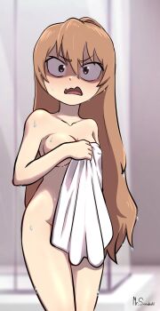 1girl absurdres aisaka_taiga alternate_breast_size_(smaller) angry annoyed artist_name blush breasts brown_eyes brown_hair collarbone completely_nude constricted_pupils covering_breasts covering_crotch covering_privates dot_nose embarrassed eyebrows feet_out_of_frame female_focus hand_up highres looking_at_viewer mr_snowkell nude open_mouth petite scared shaded_face small_breasts solo standing tongue toradora! towel towel_over_breasts watermark wavy_mouth wet