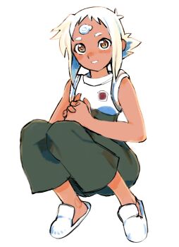 Rule 34 | 1girl, dark-skinned female, dark skin, freckles, full body, gan2, green pants, highres, lal'c mellk mal, own hands together, pants, short hair, simple background, slippers, smile, solo, top wo nerae! (series), top wo nerae 2!, white background, white hair, white slippers, yellow eyes