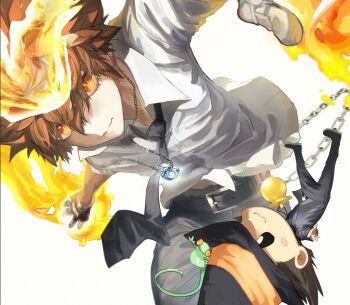 2boys belt belt_buckle black_gloves black_necktie black_suit blush_stickers brown_hair buckle chain closed_mouth commentary english_commentary feet_out_of_frame fire formal_clothes gloves grey_pants hat highres jacket jewelry katekyo_hitman_reborn! lizard long_sleeves looking_at_viewer male_focus multiple_boys necktie orange_eyes ossan_zabi_190 pacifier pants pendant pyrokinesis reborn sawada_tsunayoshi suit suit_jacket white_background white_jacket