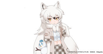 1girl animal_ears arctic_wolf_(kemono_friends) copyright_name elbow_gloves extra_ears gloves grey_hair jacket kemono_friends kemono_friends_3 long_hair looking_at_viewer official_art scarf shirt simple_background skirt snowman solo wolf_ears wolf_girl yellow_eyes yoshizaki_mine_(style)