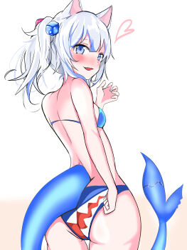 1girl adjusting_clothes animal_ears arm_at_side bikini blue_bikini blue_eyes blue_hair blush breasts brown_background cat_ears cat_girl cowboy_shot embarrassed female_focus fins fish_tail free_chess from_behind gawr_gura gradient_background grey_hair hand_up heart hololive hololive_english looking_at_viewer looking_back multicolored_hair naughty_face open_mouth petite shark_girl shark_tail simple_background small_breasts smile solo standing streaked_hair swimsuit tail twisted_torso two-tone_hair virtual_youtuber white_background wide_hips