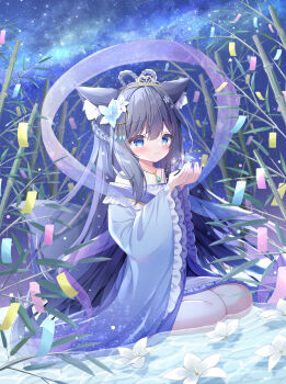 1girl animal_ear_fluff animal_ears bamboo bellflower black_hair blue_eyes blue_flower blue_kimono blush chinese_bellflower closed_mouth commentary_request cupping_hands dress flower flower_on_liquid fox_ears fox_girl fox_tail hagoromo hair_flower hair_ornament hands_up highres holding japanese_clothes kimono long_hair long_sleeves milky_way night obi original outdoors own_hands_together purple_hair sash seiza shawl sitting sky smile solo star_(sky) starry_sky tail tanabata tanzaku tiara very_long_hair water white_flower wide_sleeves yuduki_pdx yukata