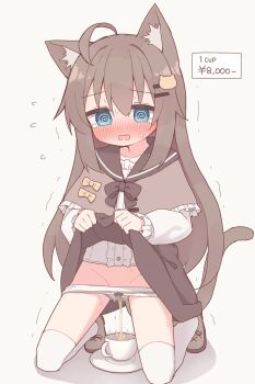 1girl @_@ ahoge animal_ear_fluff animal_ears biachan_(colon_br) blue_eyes blush borrowed_character bow bow_panties brown_bow brown_capelet brown_hair brown_shoes brown_skirt brown_tail capelet cat_ears cat_girl cat_hair_ornament cat_tail center_frills clothes_lift collarbone commentary_request cup flying_sweatdrops frilled_capelet frilled_sleeves frills full_body grey_background hair_between_eyes hair_ornament hairpin hands_up highres kneeling lifting_own_clothes loli long_sleeves md5_mismatch nose_blush open_mouth original panties pee pee_in_container pee_stain peeing peeing_in_cup peeing_self saucer shirt shoes simple_background skirt skirt_lift solo sweat tail tail_raised teacup tearing_up thighhighs trembling underwear webp-to-png_conversion white_panties white_shirt white_thighhighs yellow_bow yuune_(ayanepuna)