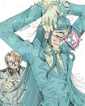 Rule 34 | 1boy, 1girl, ahoge, armband, arms tied above head, artist name, black hair, blonde hair, closed eyes, cross, fangs, formal clothes, freckles, glasses, gloves, hellsing, highres, iron cross, kajiuna, light frown, long hair, major (hellsing), nazi, necktie, obscured eyes, opaque glasses, partially opaque glasses, red armband, rip van winkle (hellsing), runes, short hair, spiked cuffs, ss insignia, ss uniform, suit, swastika necklace, teeth, very long hair, white gloves