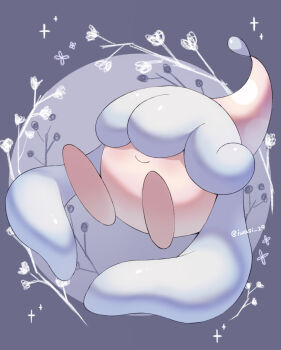 Rule 34 | artist name, blue hair, closed mouth, commentary request, floral background, gen 8 pokemon, grey background, hatenna, highres, iwasi 29, nintendo, no humans, pokemon, pokemon (creature), smile, sparkle, twitter username