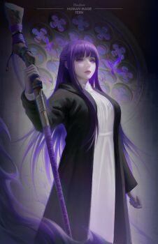 1girl absurdres artist_name black_coat black_robe blunt_bangs capelet coat commentary english_commentary fern_(sousou_no_frieren) full_body hair_over_shoulder highres holding holding_staff lips mage_staff naofaro purple_eyes purple_hair purple_pupils robe sousou_no_frieren staff straight_hair white_capelet